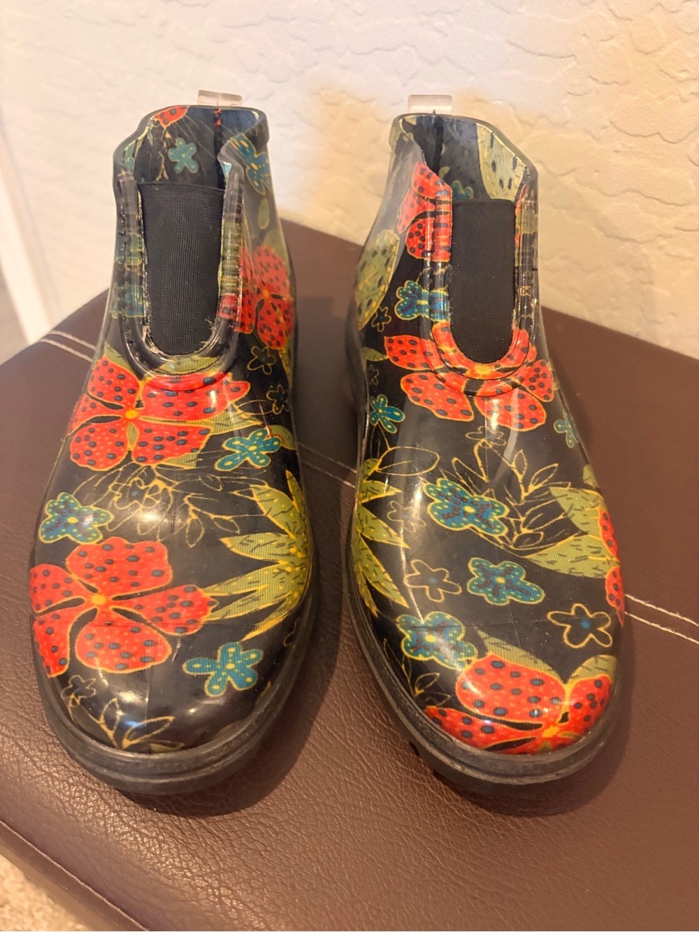 Sloggers Black Floral Chelsea Rain Booties with Red & Green Accents
